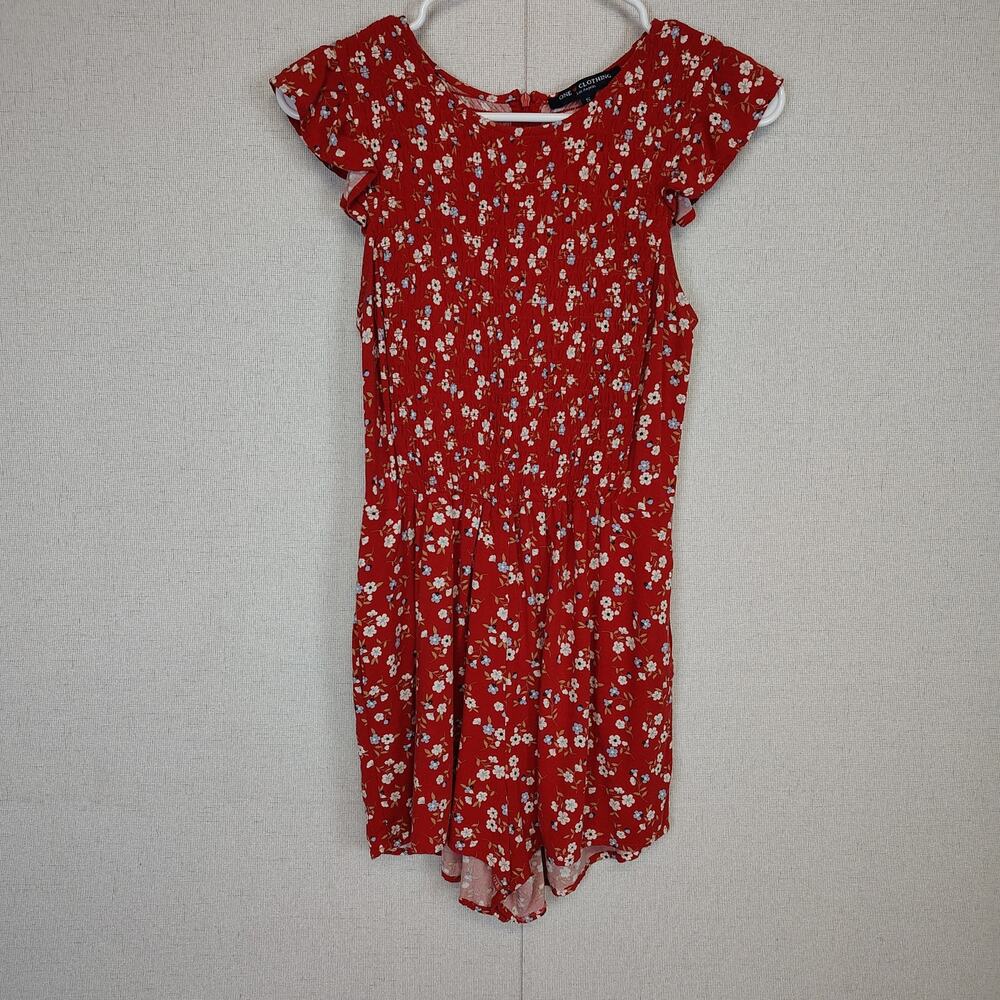 One Clothing Red Floral Smocked Romper Small Flutter Sleeve Boho